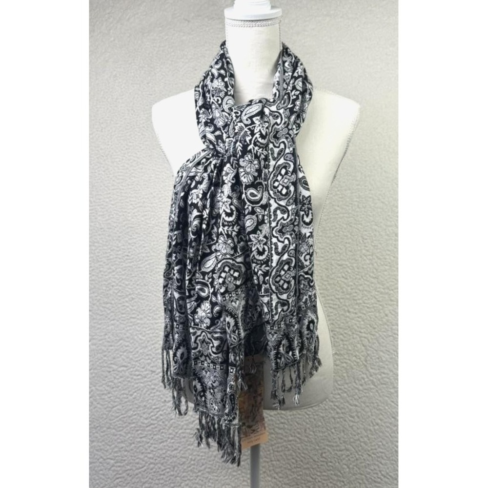 Gift From Jerusalem Scarf Womens One Size Black White Paisley Cashmere Fringe